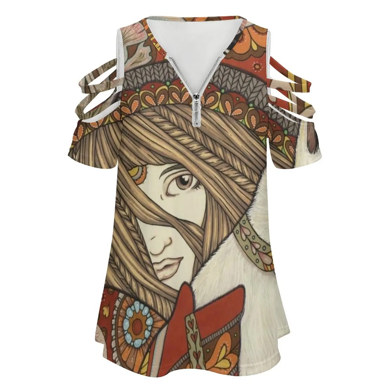 The Visionary Women Zipper Sexy Printed Vintage T Shirts Tops Full Print T-Shirt Ace Of Wands Tarot Cat Owl Creative Creatrix