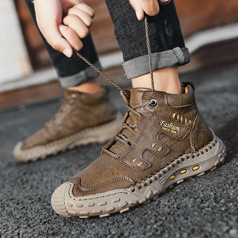 Microfiber Leather Men Boots Outdoor Sports Non-slip High-top Hiking Shoes for Men Optional Plush Winter Ankle Boots Big Size 48