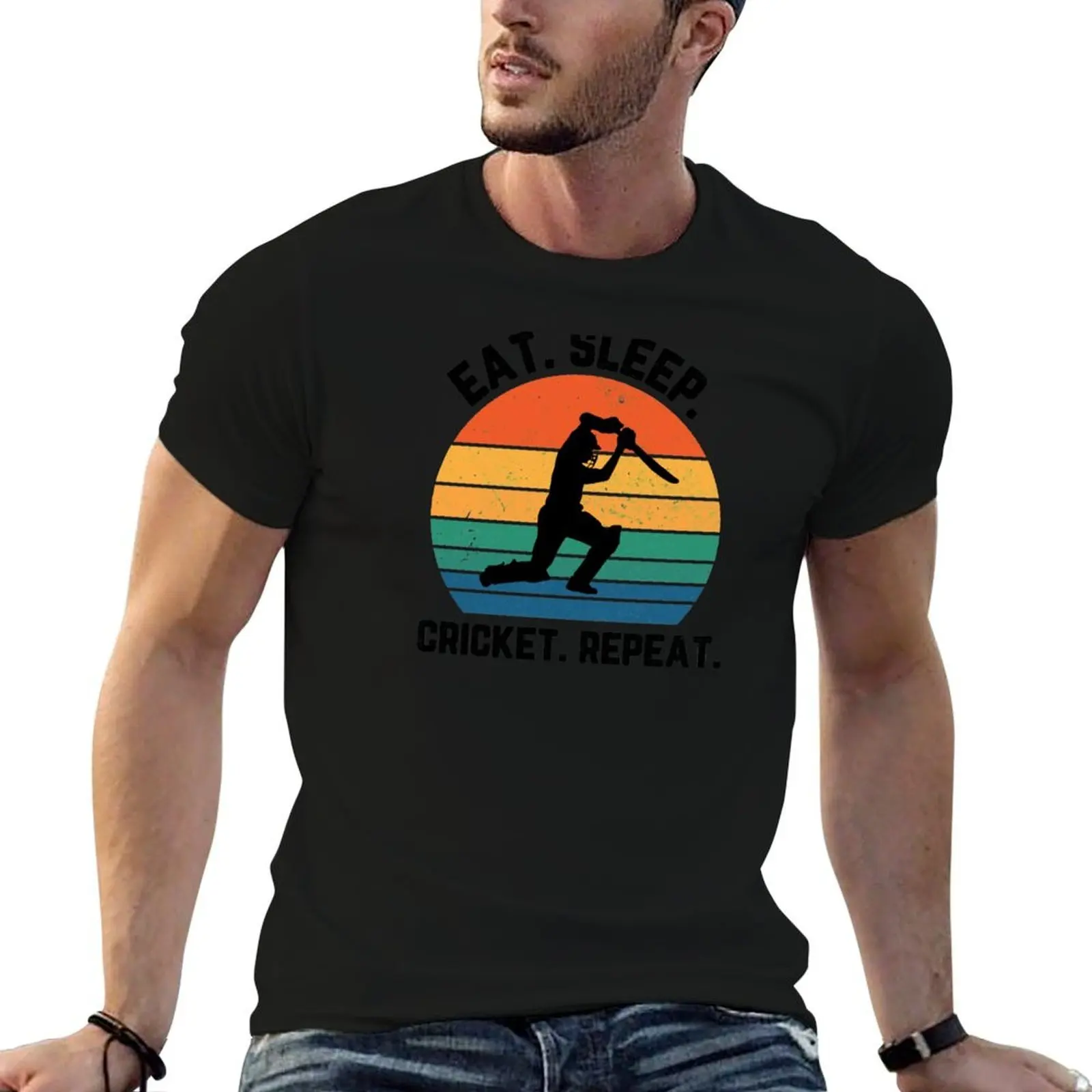 

Eat Sleep Cricket Repeat Sunset Black Text T-Shirt t shirt personalised graphic t shirts for man anime t shirts oversize T-Shirt