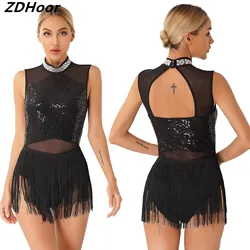 Womens Sequined Dance Dress Collar Fringed Leotard Mesh Patchwork Latin Tango Rumba Cha-Cha Samba Performance Costume