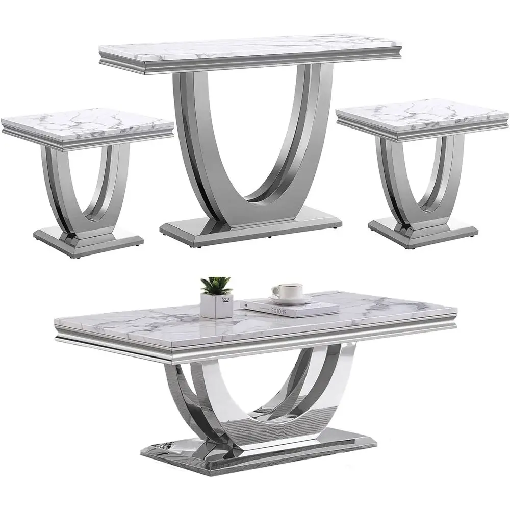 

Elegant 4-Piece Marble Top Living Room Table Set with Coffee, End, and Console Tables in White & Silver Stainless Steel Finish