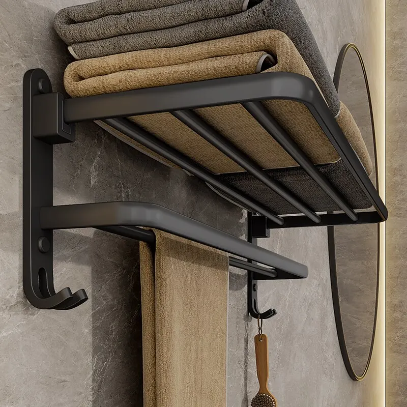 Preto fosco 50CM Folding Suporte Com Gancho Toalha Suporte Wall Mount AluminumTowel Rack