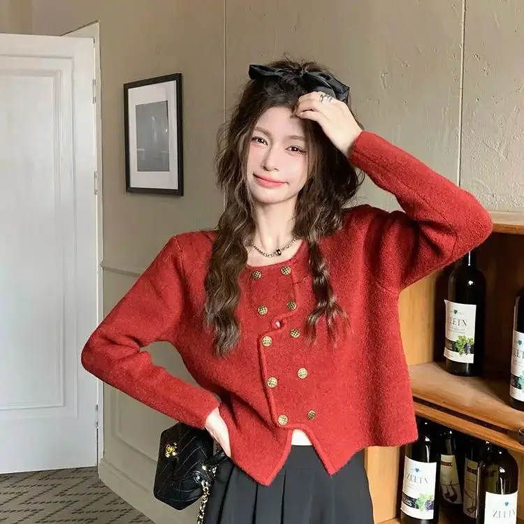 

Sweater Cardigans Double Breasted O-Neck Women Long Sleeve Sweater All-Match Outwear Famous Lady Graceful Loose Vintage Outwear