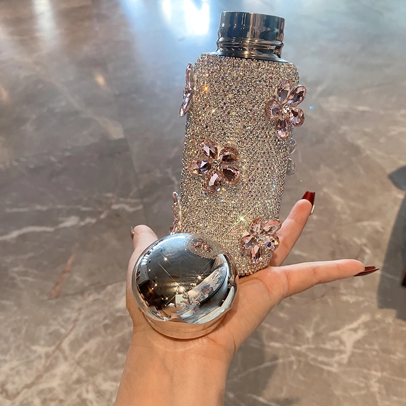 Five-petaled Flowers Rhinestone Vacuum Flask for Women Stainless Steel Portable Thermos Bottle Hot and Cold Water Kettle 260ml