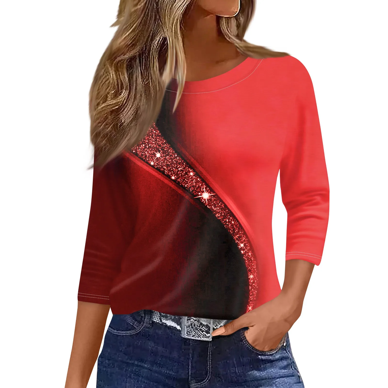 2024 New Women\'s Sweater O-neck Shirt Fashion Casual Seven Sleeve Printed Round Neck Top Women\'s T-shirts Short Sleeve Top