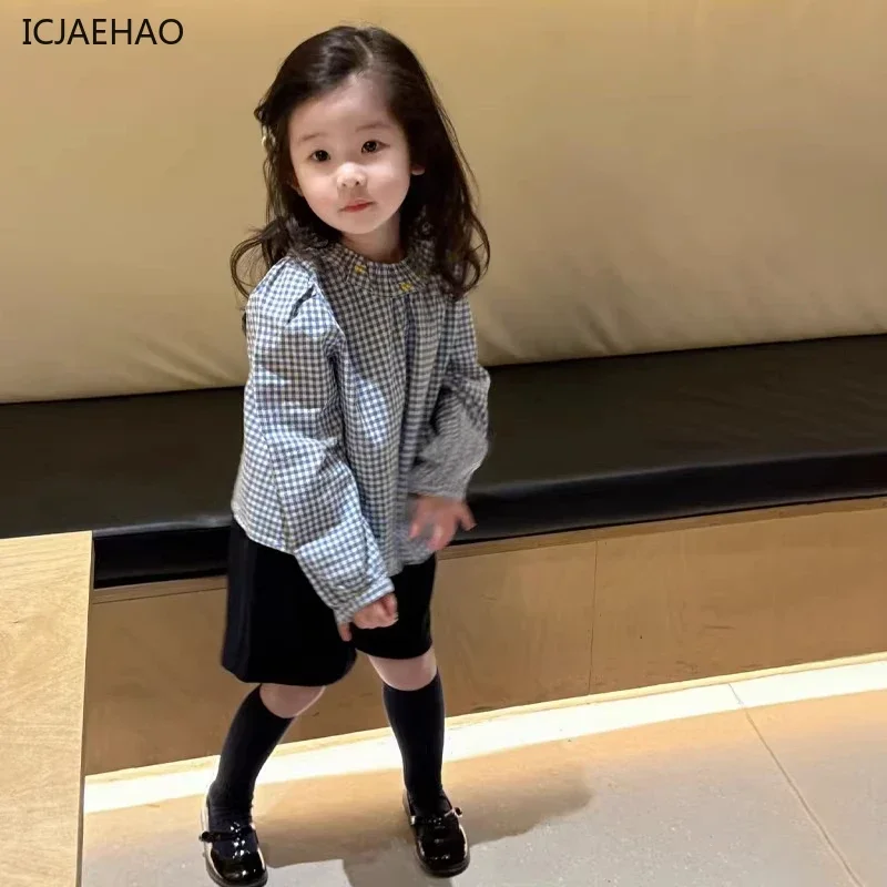 

Girls Peter Pan Collar Shirt Baby Girl Checkered Blouse Knit Cardigan Shorts Outfit Adorable Toddler Clothes for Spring Summer