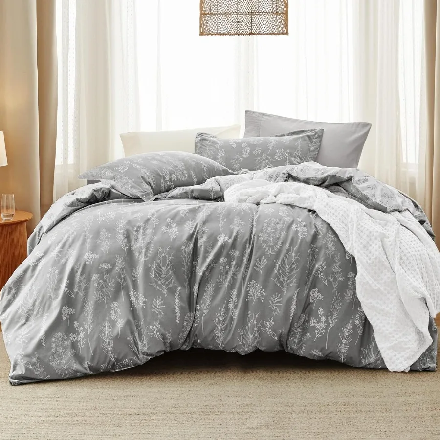 

Queen Comforter Set in Grey with Cute Floral Design for Modern Bedrooms Includes 1 Soft Reversible Botanical Flowers Comforter