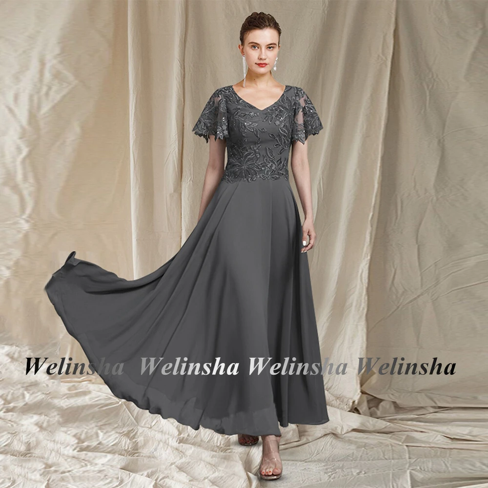 

Dark Grey Mother Of The Bride Dress Batwing Sleeves V Neck Applique A Line Ankle Length Chiffon Wedding Party Dresses Guest Gown