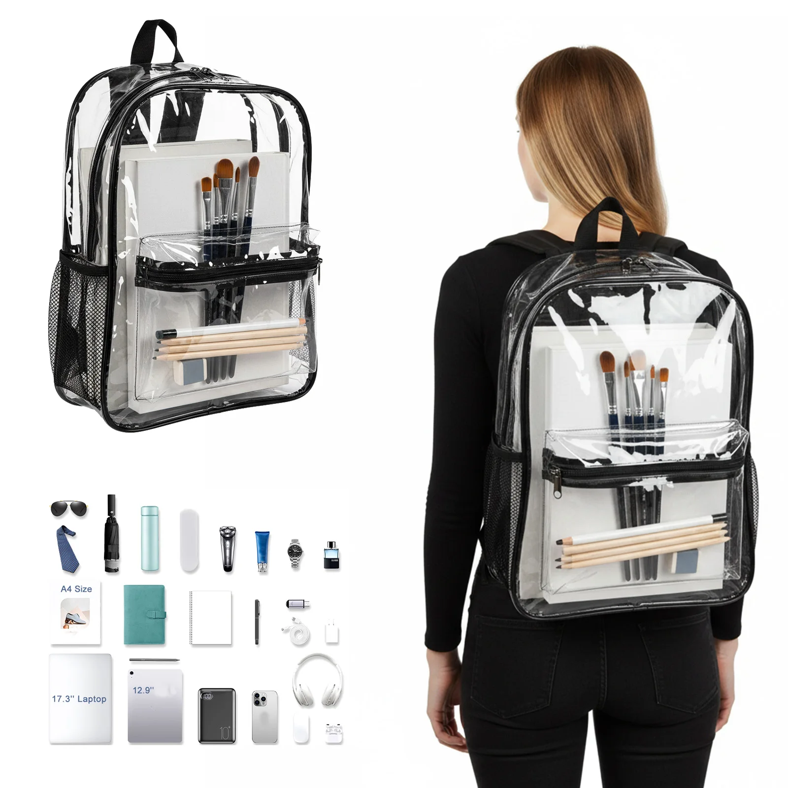 

Набор из 48/72 прозрачных рюкзаков из ПВХ с карманами, 15 дюймов, для колледжа, путешествий, спорта, работы, одобренные для использования на стадионах