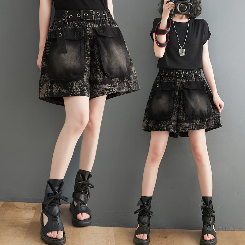 Retro Print Denim orts Dames Zomer Nieuwe Losse Grote Maat Gepersonaliseerde Grote ket Slanke Wijde Pijpen Broek Rok Hoge Taille Cot...