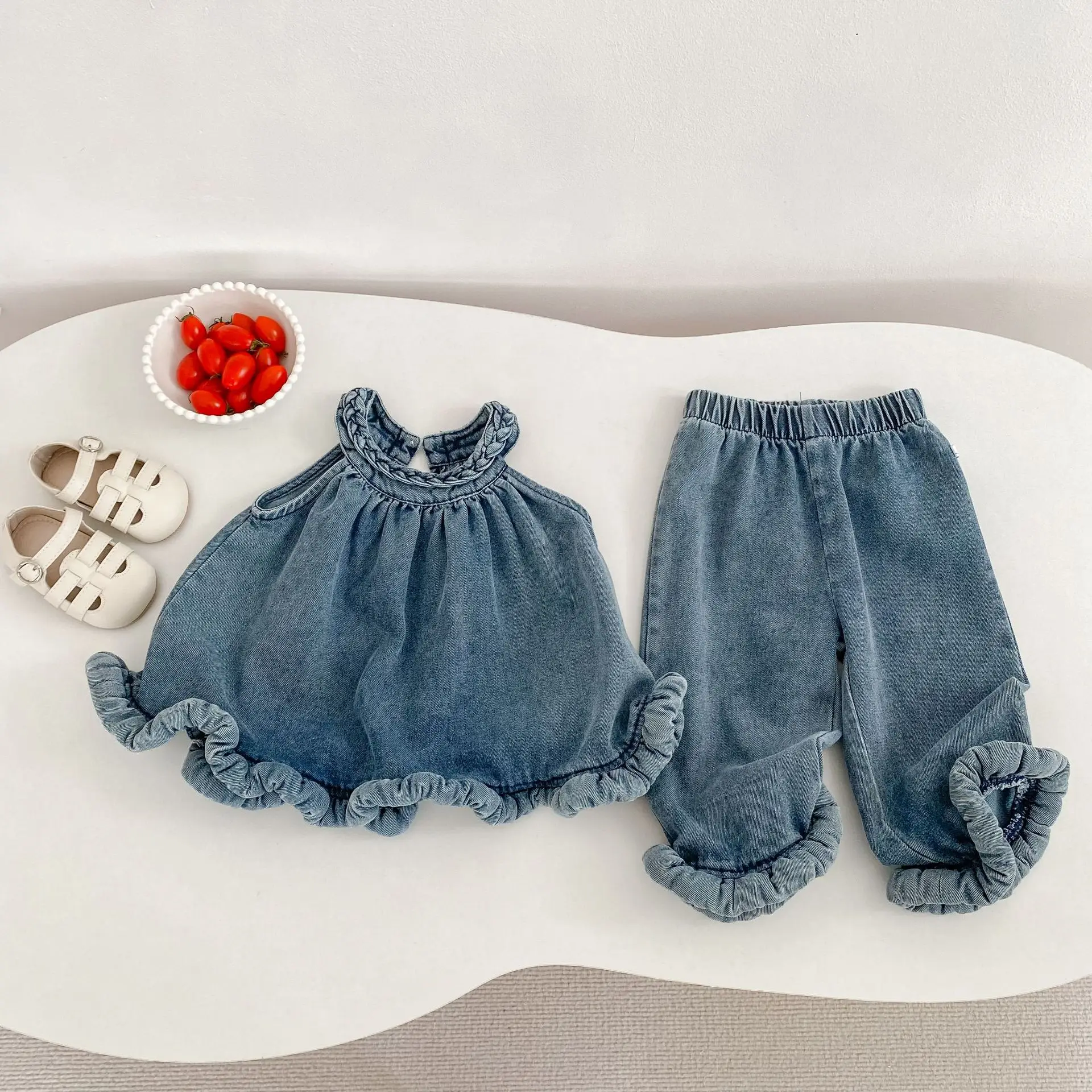 2026 Summer Baby Girl Denim Ruffle 2PCS Outfit Halter Neck Top + Pants Set Infant Casual Summer Clothes for Newborn Children