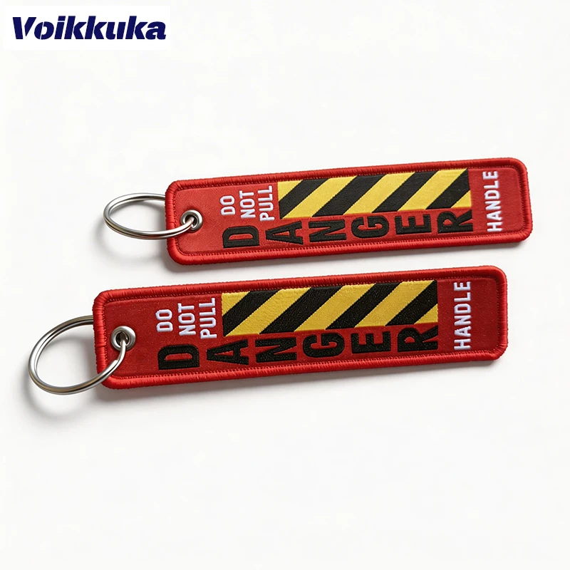 1Pc/2Pcs/3Pcs Set Sale Two Side Woven Labels Do Not Pull Danger Warning Lines Red Labels Motorcycle Aviation Keychain