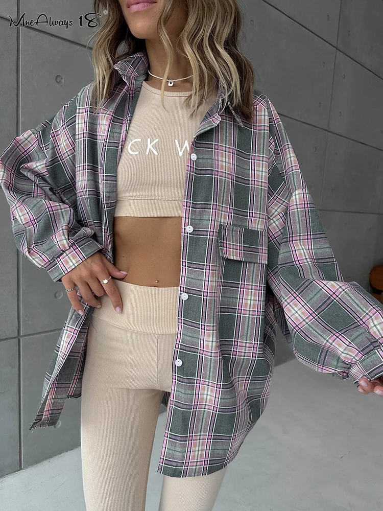 Mnealways18 Cotton Gingham Women Brightly Oversize Shirts Turn Down Collar Thin Casual Plaid Blouses And Tops Spring 2024 Female