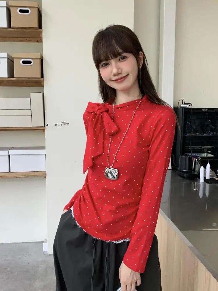 

Autumn Vintage Red Polka Dot Patchwork Lace Long Sleeve Versatile Bow Short T Shirt Women Elegant Vacation Pleated Tops Popular