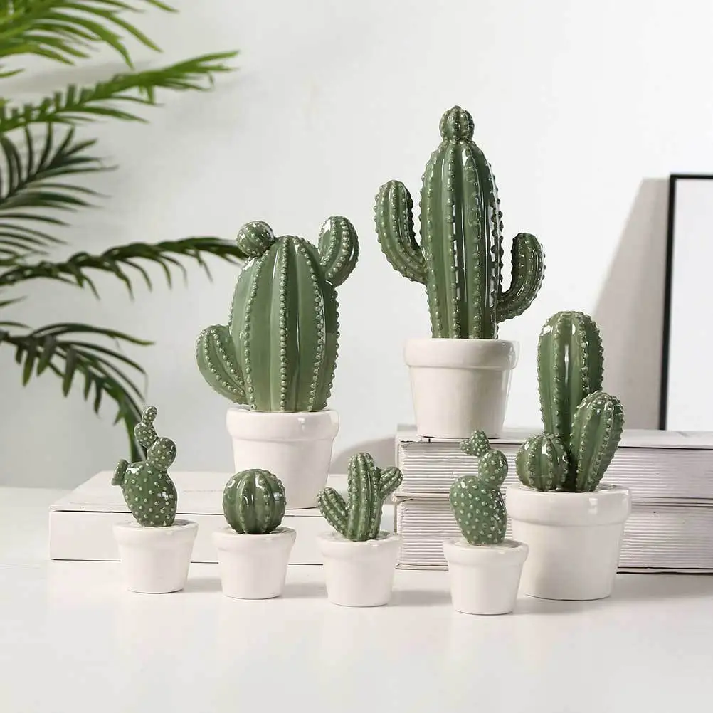 

4Pcs Ceramic Cactus Bonsai Table Decoration Material Unique Shape Perfect for Home Office Hotel Desktop Decoration