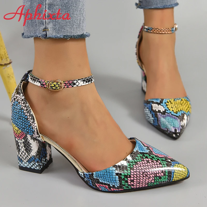 Aphixta 5cm Square Heel Summer Ankle Strap Pointed Toe Sandals Women Snake Prints Green Leather Open Shoes Pimp Plus Size 46