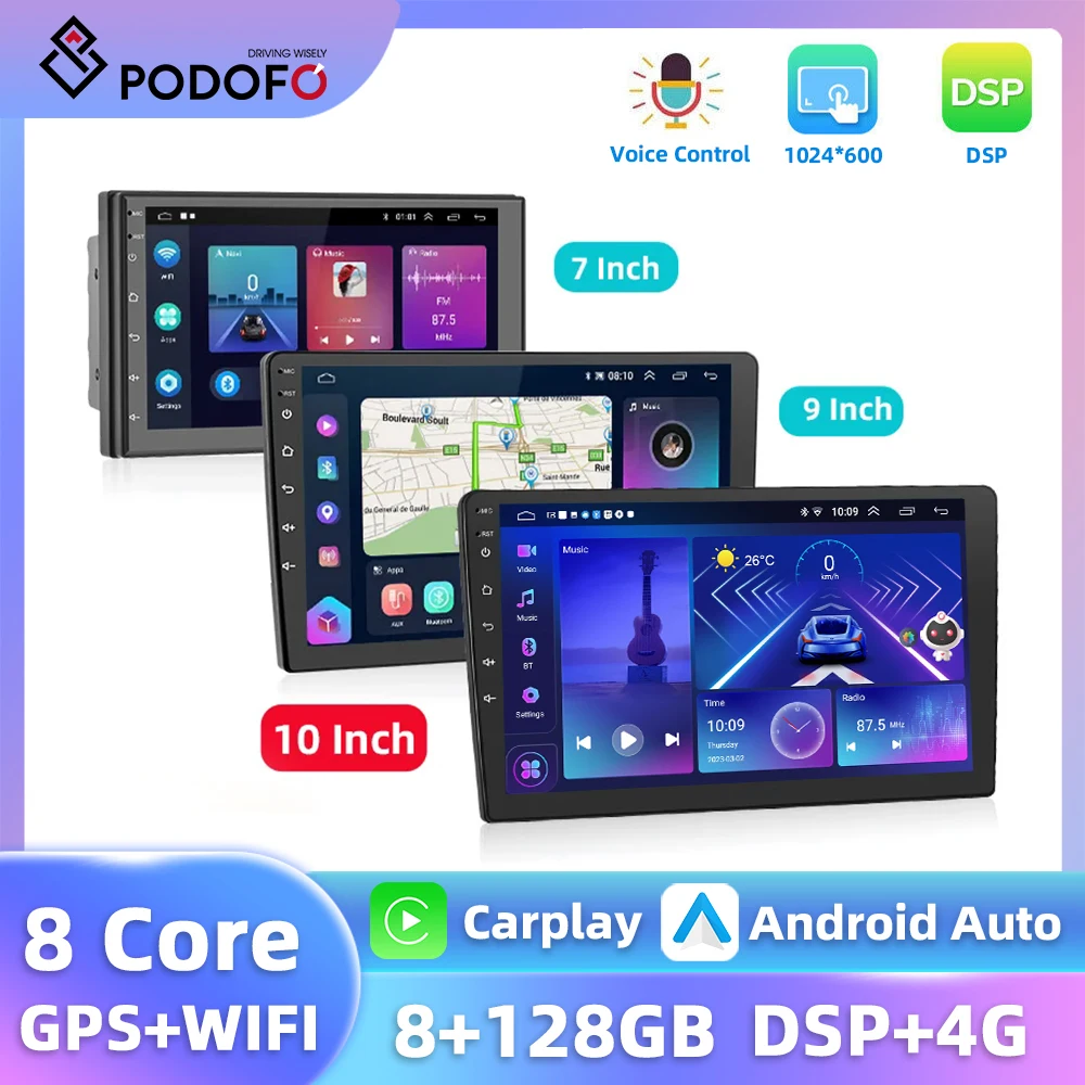 Podofo 7''/9''/10.1'' Carplay Car Stereo Android Auto WIFI GPS Navigation DSP BT RDS FM Receiver For Toyota Volkswagen Nissan