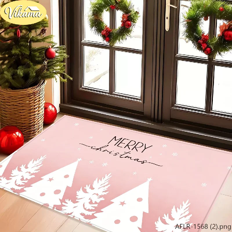 Snowman, Tree & Gift Christmas Flannel Snow Scene Door Mat, Non-Slip Washable Xmas Area Rug for Entryway Front Door Living Room