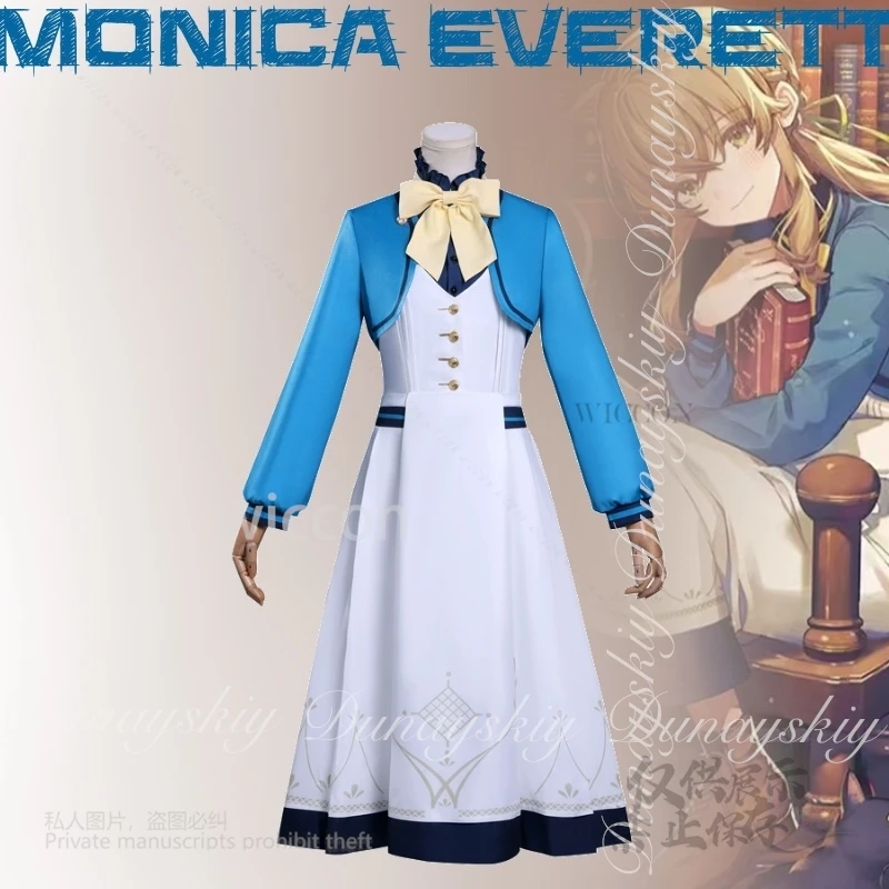 أسرار مو الساحرة الصامتة أنيمي مونيكا ايفريت تأثيري مع فستان أزرق أبيض لون القهوة شعر مستعار زي جميع مجموعة كوس