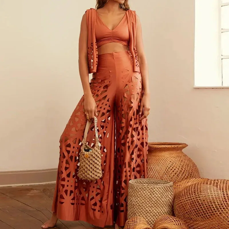 

Sexy V-neck Halter Vest&Hollow Out Pants 3 Piece Sets Casual Solid Color Beach Vacation Sets Summer New Women's Swimsuits Outfit