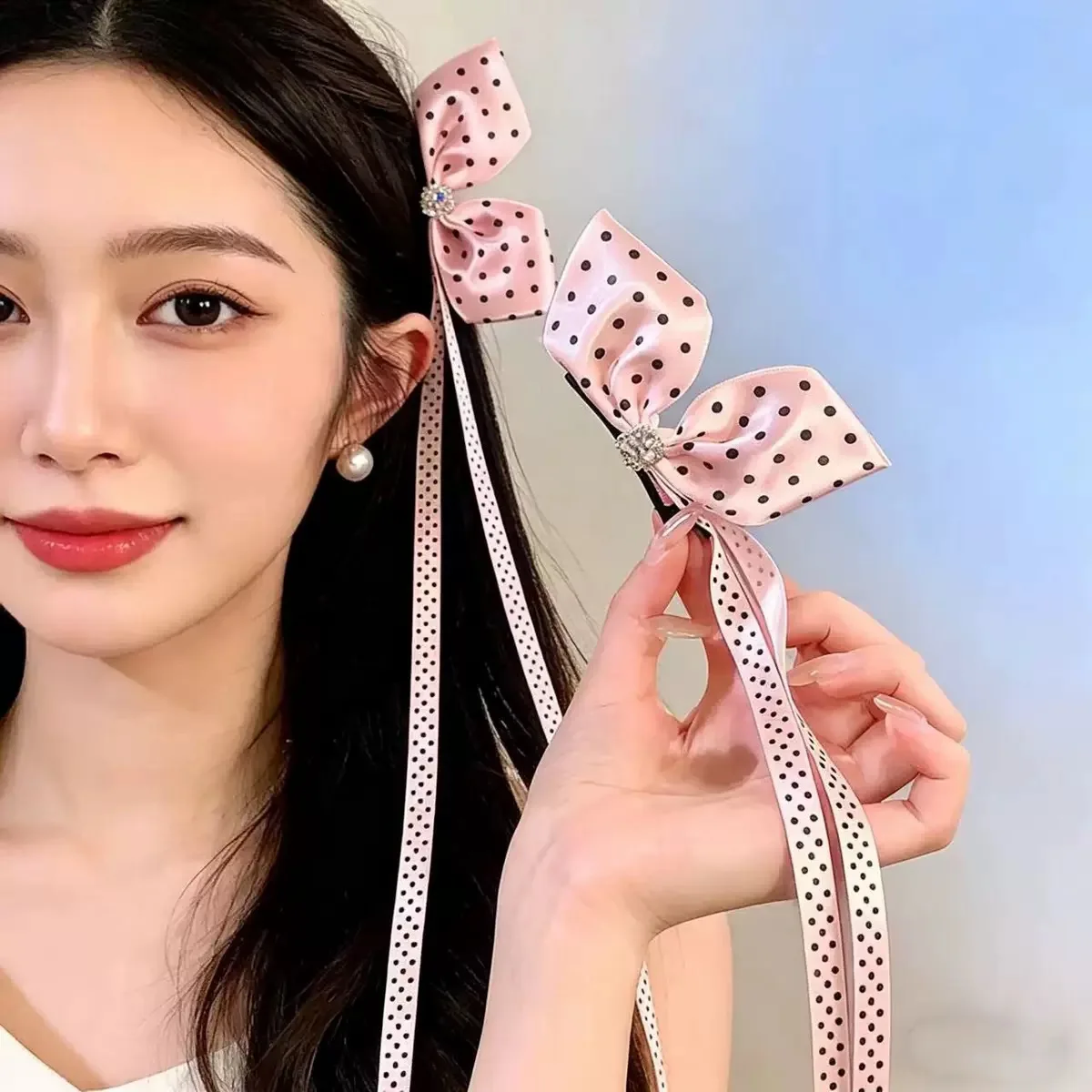 2 Pieces Sweet Fairy Style Polka Dot Bow Hair Clips Shiny Rhinestone Inlaid Long Ribbon Side Barrettes Same Color Design Hair Ac - view 2