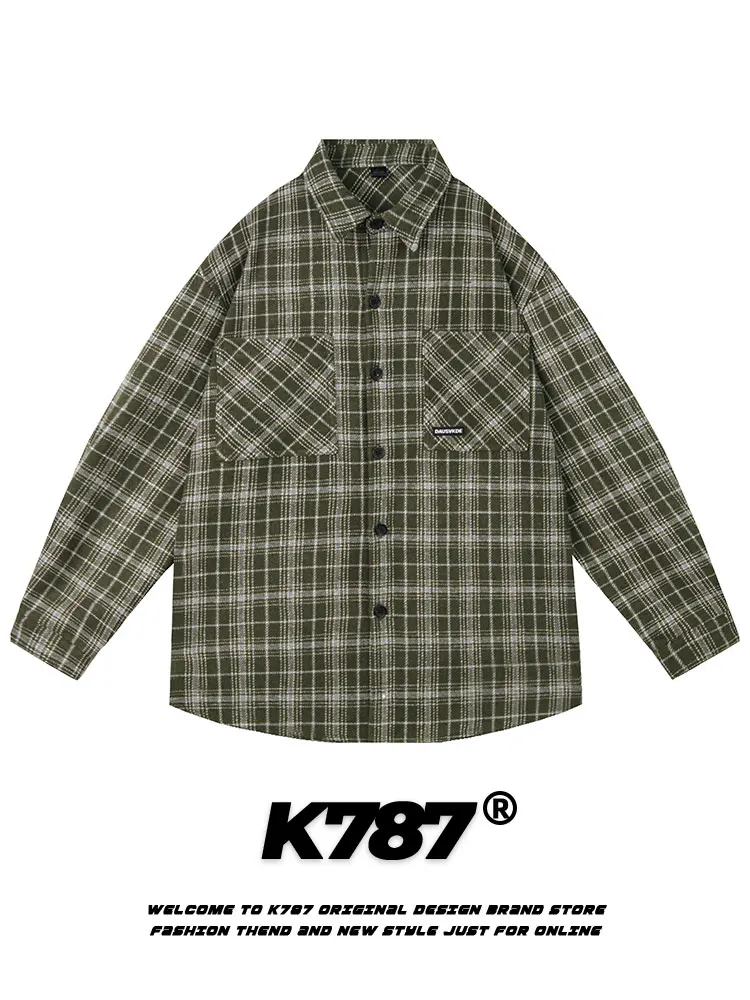 

K787 Американская ретро-рубашка в клетку с длинным рукавом, повседневная, винтажная, для города, в стиле Y2K, для колледжа, парная, из смесового полиэстера, весенняя