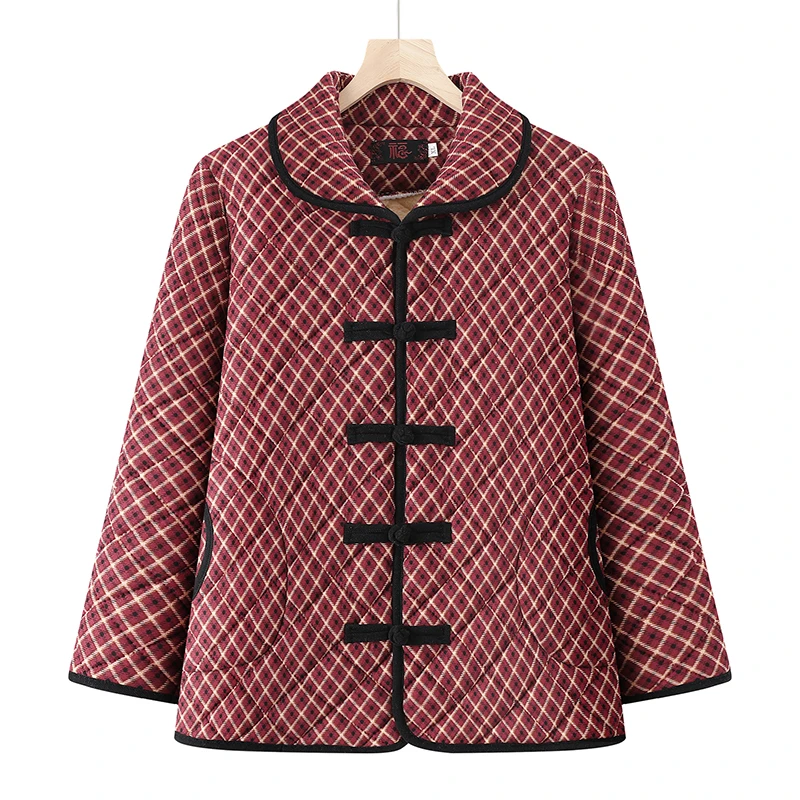여성용 플리스 재킷 체크무늬 면 코트 중년 및 노년 어머니용 두꺼운 겨울 외투 플러스 사이즈 여성용