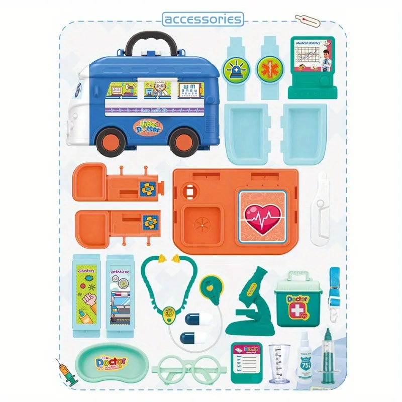 Children Pretend Simulation Plastic Educational Toys Bus Sets Doctor Kit，5 in 1 Doctor Play Kit for Kids Age 3+ Boys Girls