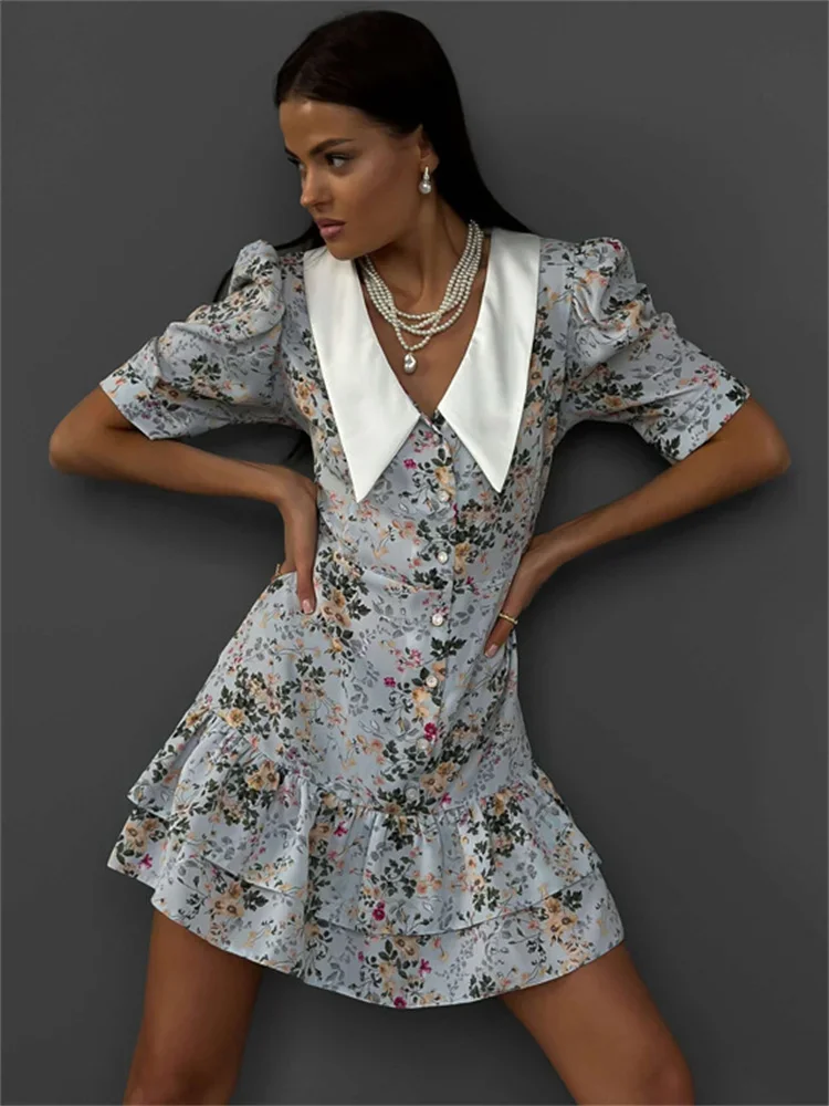 Tossy Printed Ruffled V-Neck Mini Dress Female Short Sleeve Fashion Slim High Waist Elegant Party Dress Women\'s Summer Dress New
