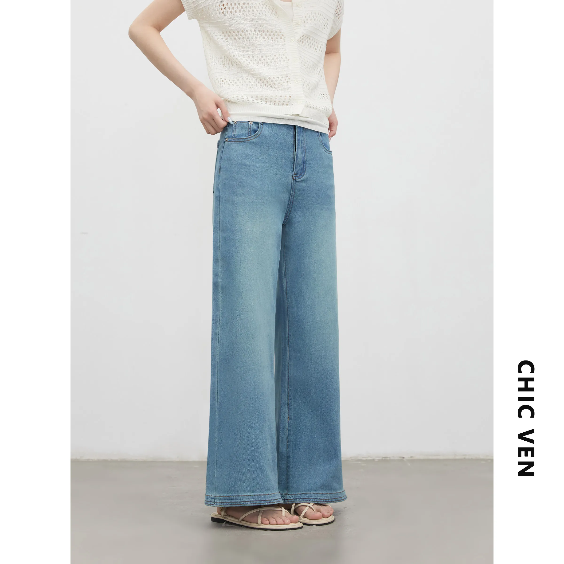 CHIC VEN Women Jeans Retro Washed High Waist Lightweight Elasticity Micro Pull Denim Trousers Casual Pants Thin Summer New 2026