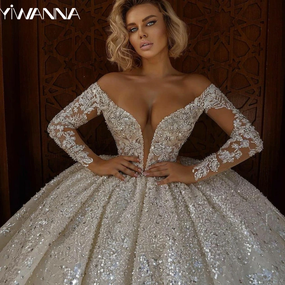 

Sexy Deep V-neck Off The Shoulder Wedding Dress Luxury Sequined Beads Bridal Gown Customized Shiny Ball Gowns Dresses For Bride