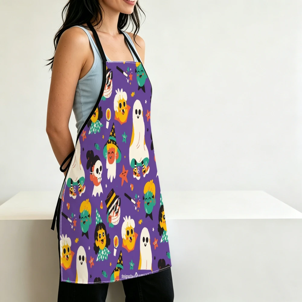 Cute Cartoon Style Apron Halloween Ghost Pattern Kitchen Aprons Cooking Baking Adjustable Bibs
