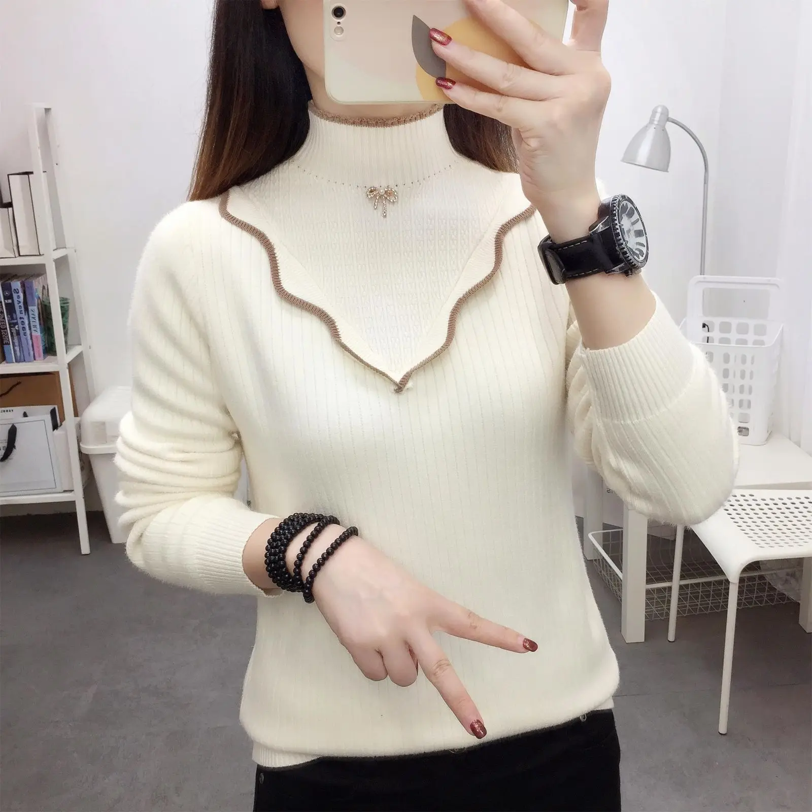 

Осень-зима модный стильный цветной свитер с высоким воротником женский свободный утягивающий вязаный топ с длинными рукавами теплый пуловер M201