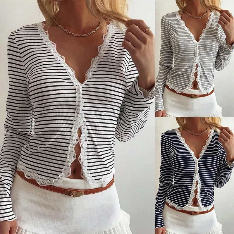 Striped Long Sleeve Top with Button Closure Regular Length Casual Slim Fit Pullover Regular Thickness Cardigan for Women