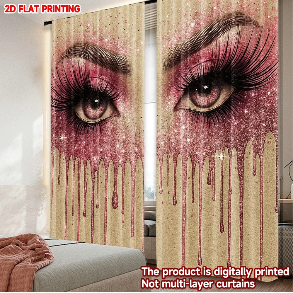 

2pcs Dramatic Eye Makeup Curtains Digital Printing, Pink Eyelashes with Teardrop Effect Artistic Design for Bold Bedroom Decor