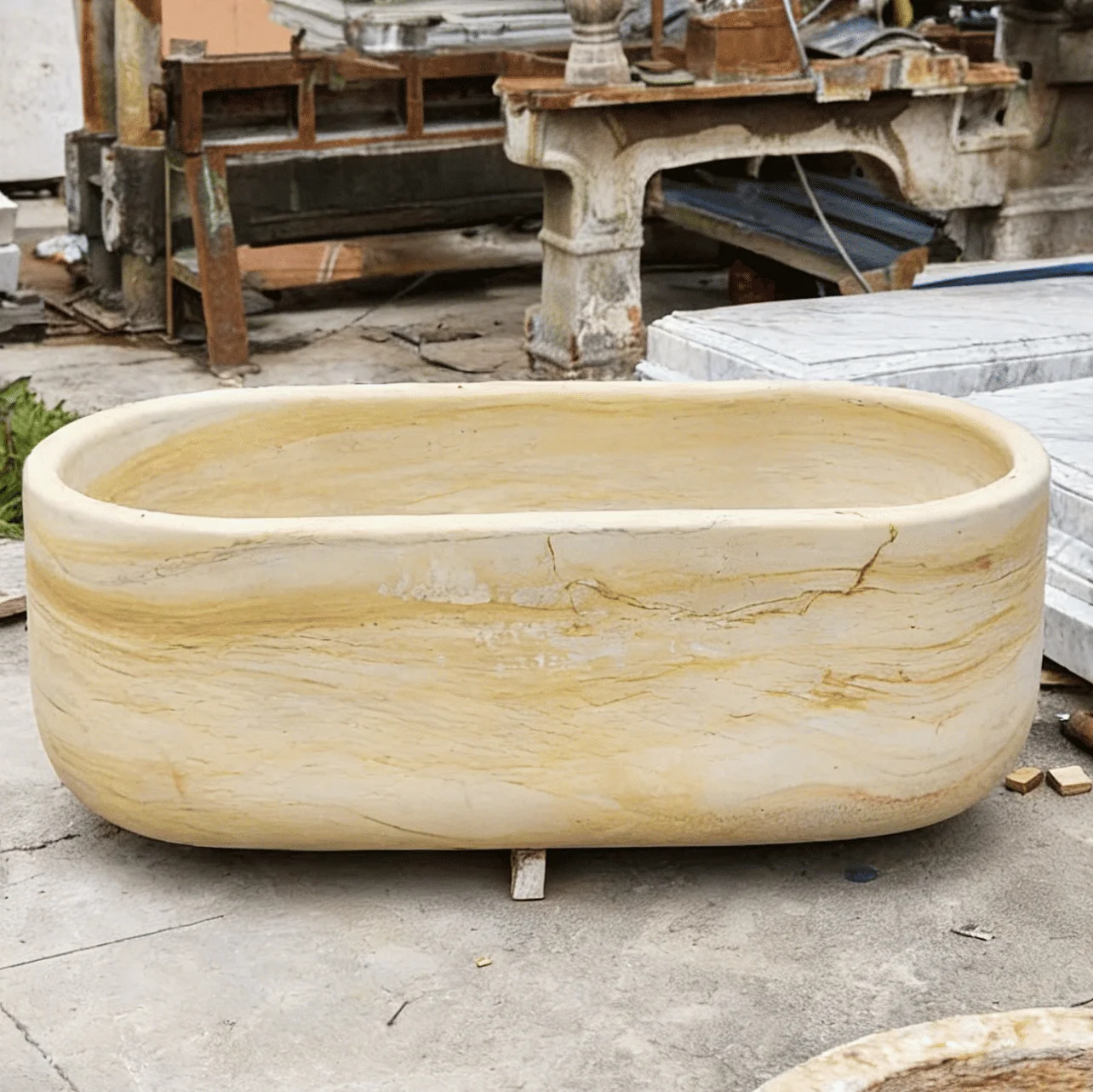 #￥Wholesale Natural Yellow Wood Grain Marble Bathtub Deep Soaking Freestanding Stone Tub for Modern Home Bathroom Project
