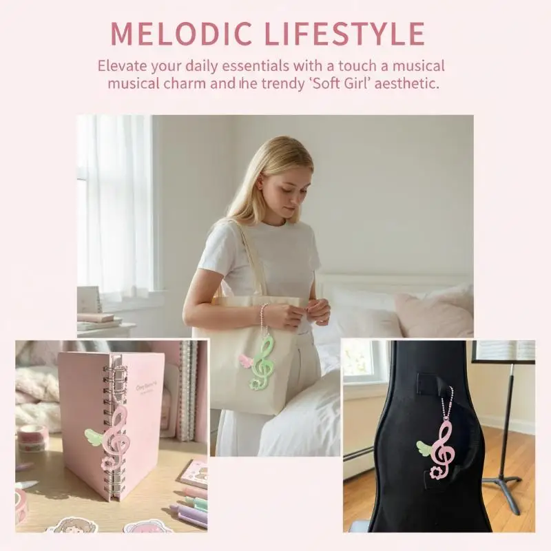 Niedlicher Kleeblatt-Musiknoten-Schlüsselanhänger mit Flügelanhänger, Glücksbringer-Schlüsselring im Ins-Stil, niedlicher Taschenanhänger für Mädchen und Frauen, Autoschlüssel-Accessoire, Geschenk – Detail 6