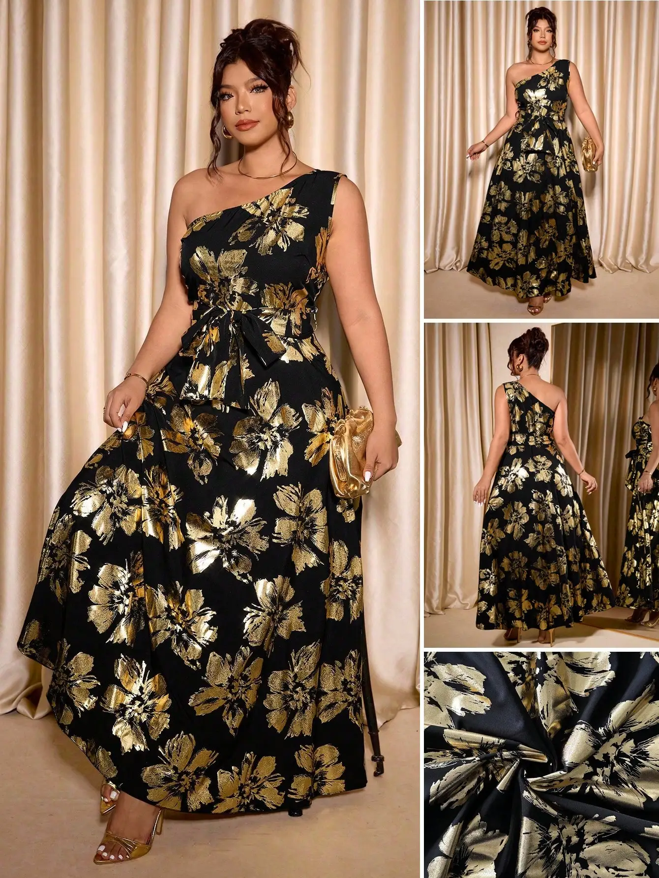 

Plus Size One-Shoulder Foil Floral Print Tie-Waist Flared Maxi Dress