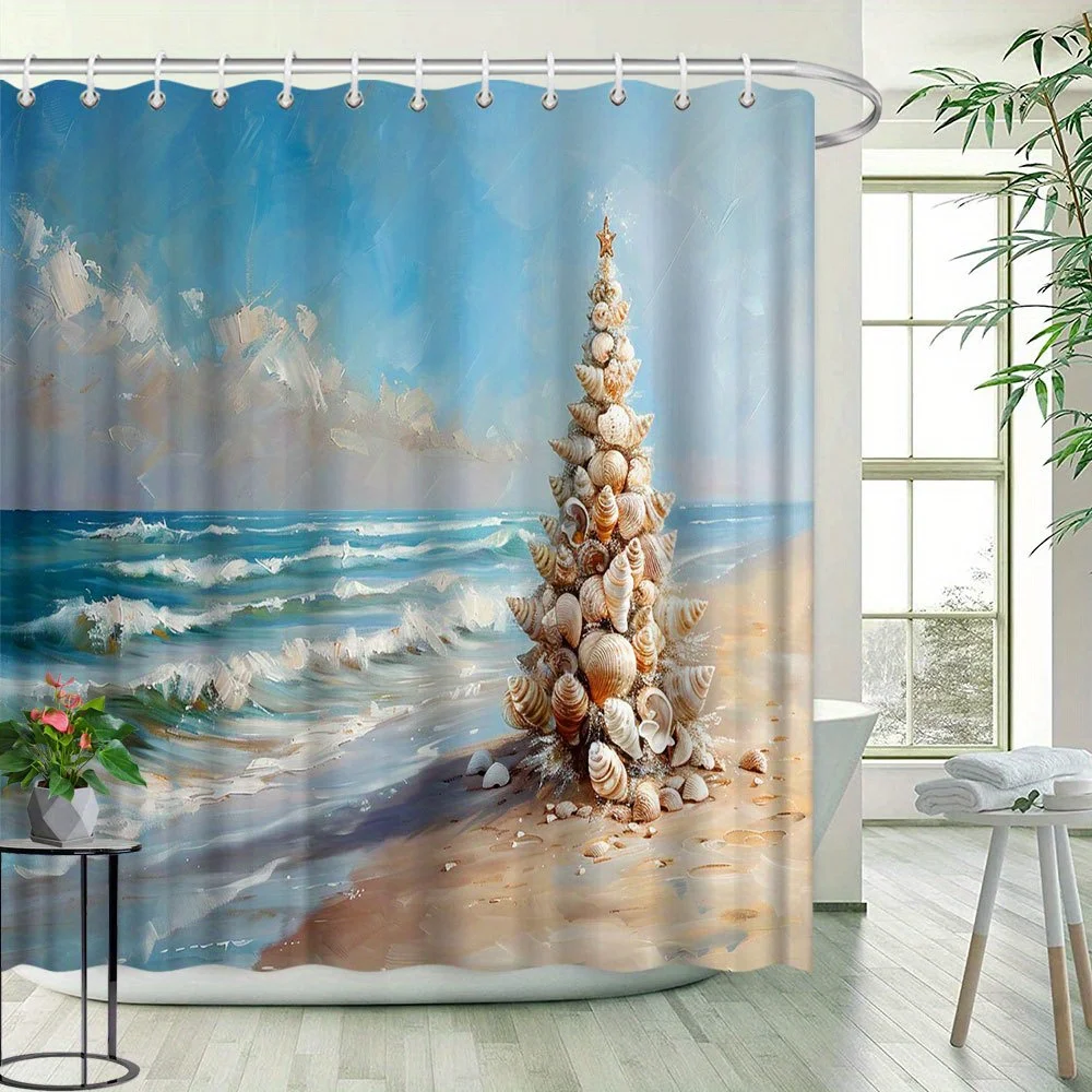 Christmas Shower Curtain - Ocean Beach Scenery with Tree & Shell Design, Creative Bathroom Decor, Polyester Fabric  Hooks
