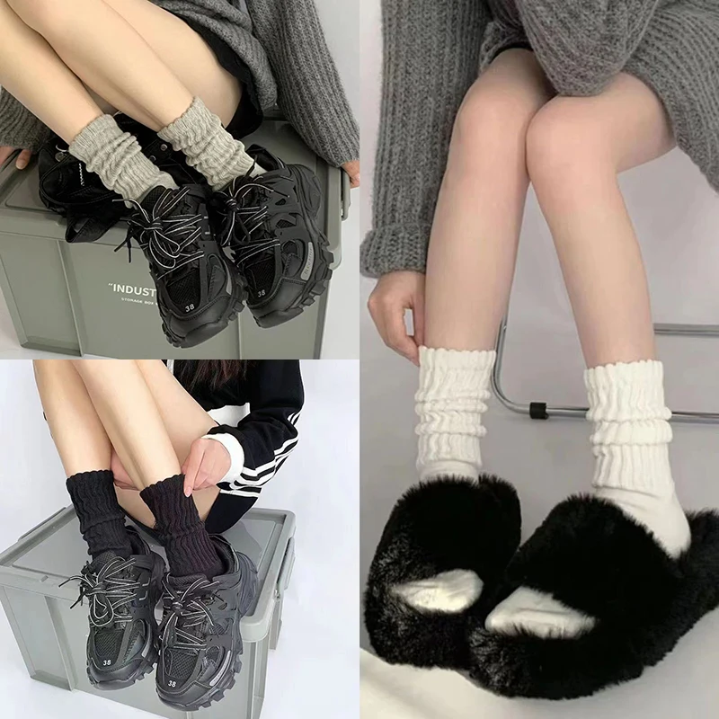 1Pair Solid Color Knitted Long Socks For Women Sweet Fashion Loose Crochet Middle Tube Lolita Sox Boot Cuffs Ruffles Stockings