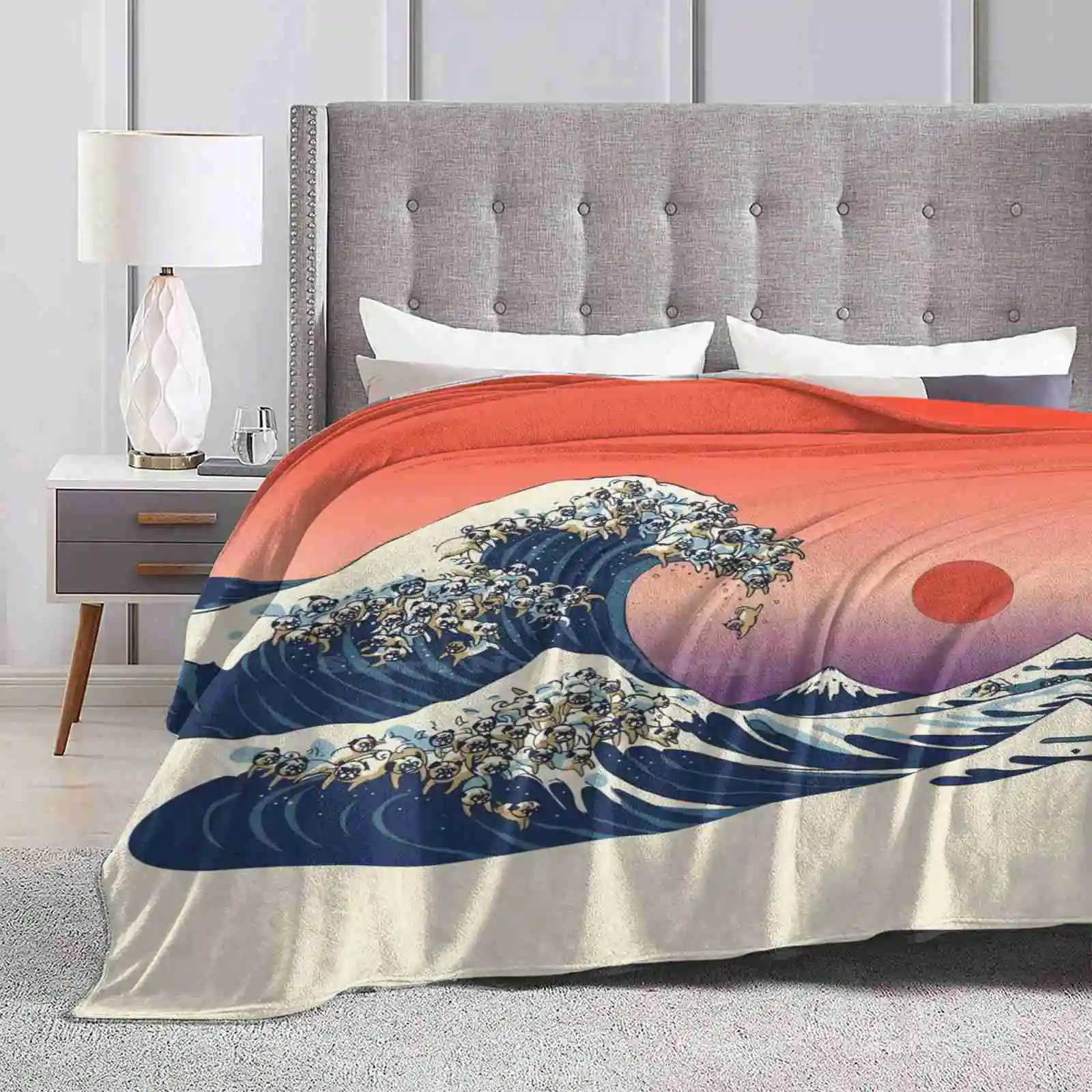 The Great Wave Of Pug For Home Sofa Bed Camping Car Plane Travel Portable Blanket Puglife Wave Ocean Japan Dog Summer