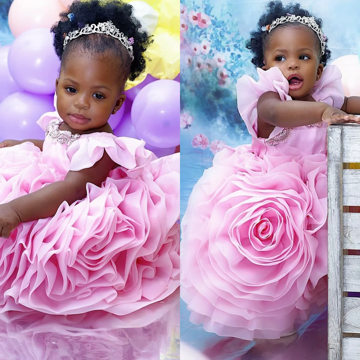 Cute Pink Flower Girl Dresses Puffy Baby Girl Kids First Birthday Party Gown Special Occasion Infant Dress