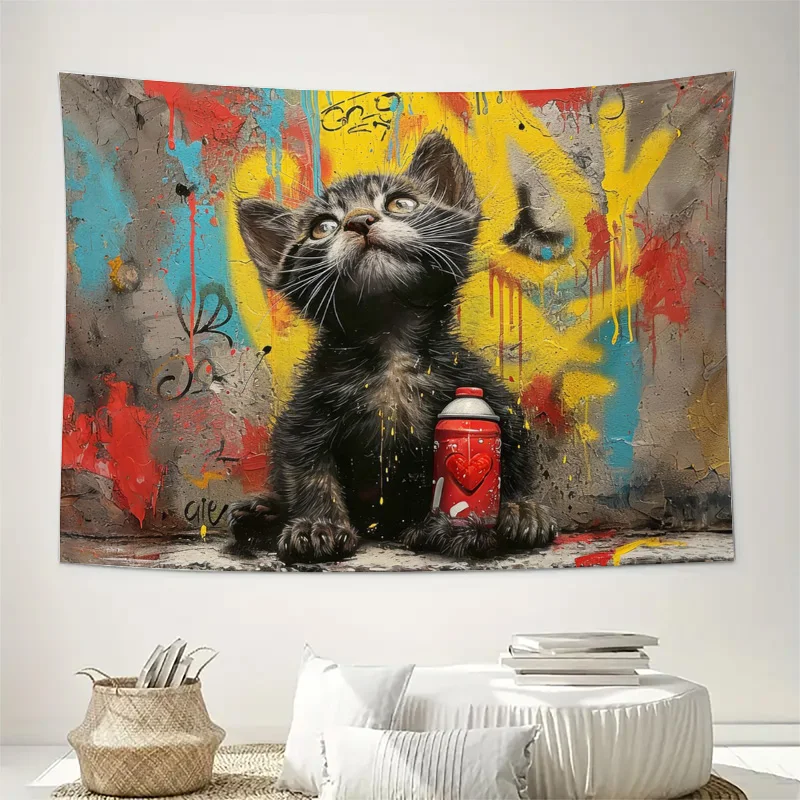 Decorative Kitten Art Tapestry Graffiti Style Wall Hanging Modern Grunge Pop Art Animal Print Poster for Living Room Home Decor