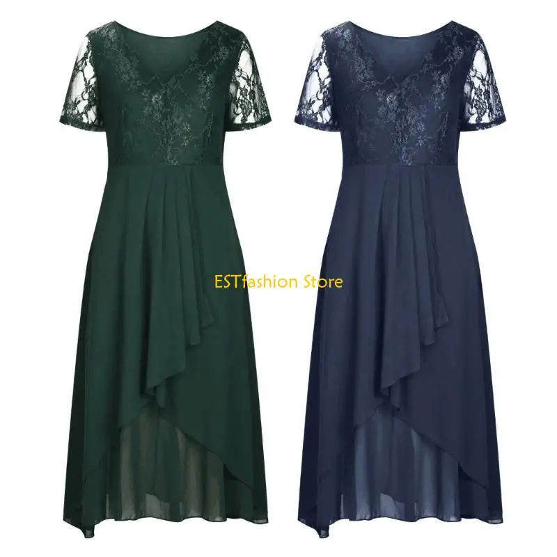 Váy chính thức của Y5GC Wome, Florals Lace Long Prom Váy ngắn tay V Cổ phù dâu váy cưới cho khách Maxi váy Maxi
