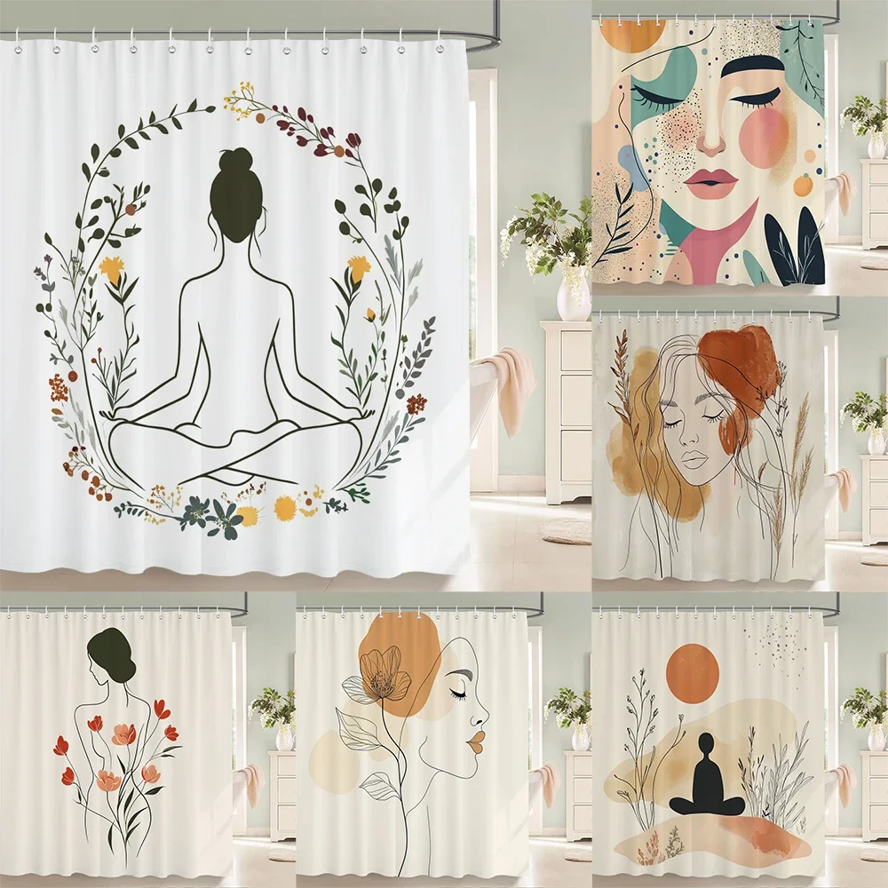 

Abstract Bohemian style, Artistic Leaf Woman Shower Curtain Floral Printed Bathroom Bath Curtain Home Decor Curtain With Hooks