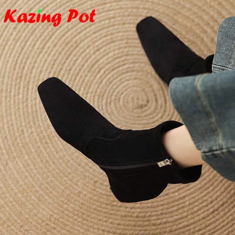 Krazing Pot New Flock Square Toe Med Heels Zipper Modern Boots Keep Warm Winter Shoes Basic Clothing Elastic Vintage Ankle Boots