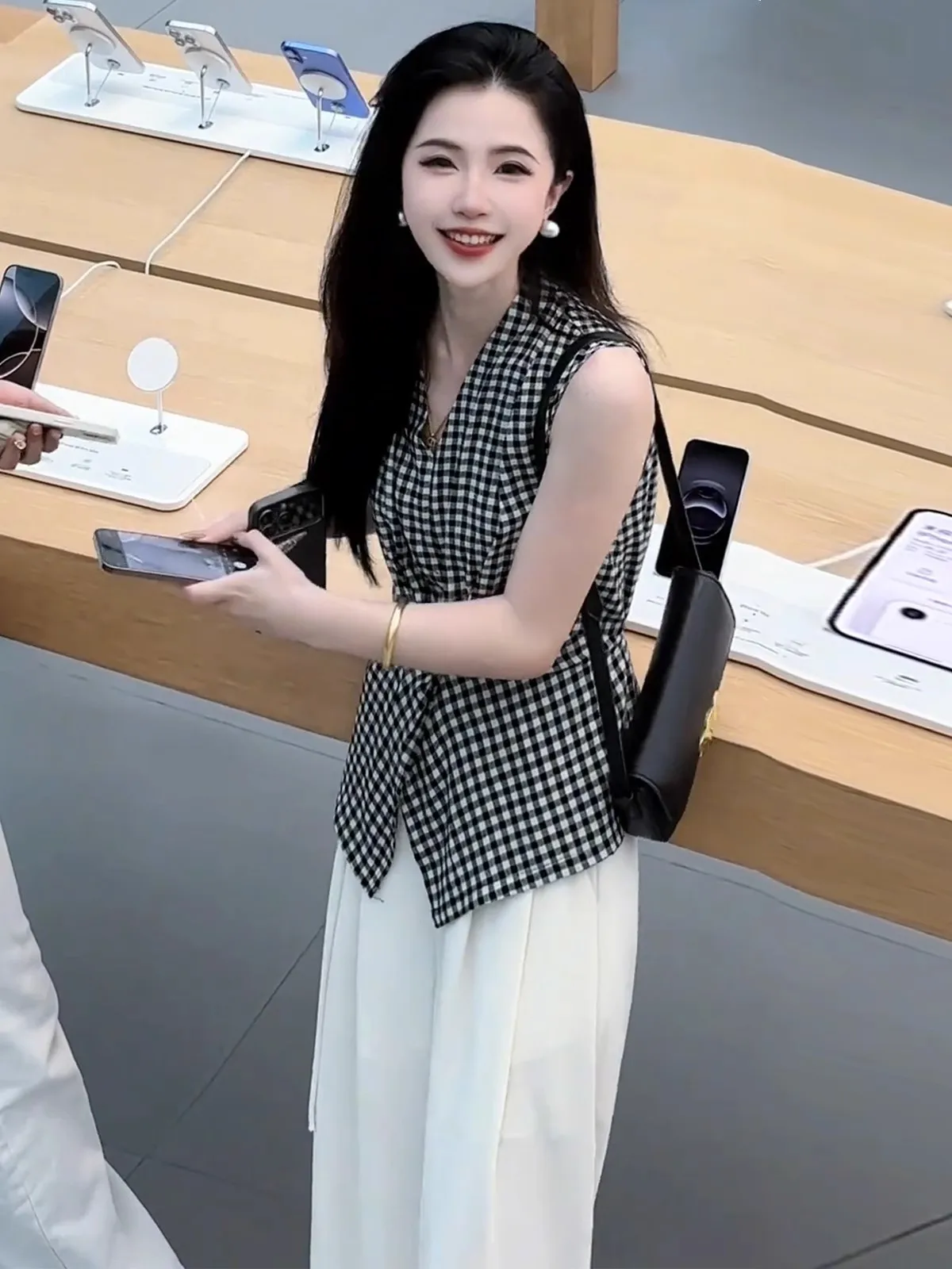 

Ele Casual V-Ne Knot Bla White Plaid Svel Top Wide Leg Pants Women's Two-Piece Set Faionable Summer Outfit