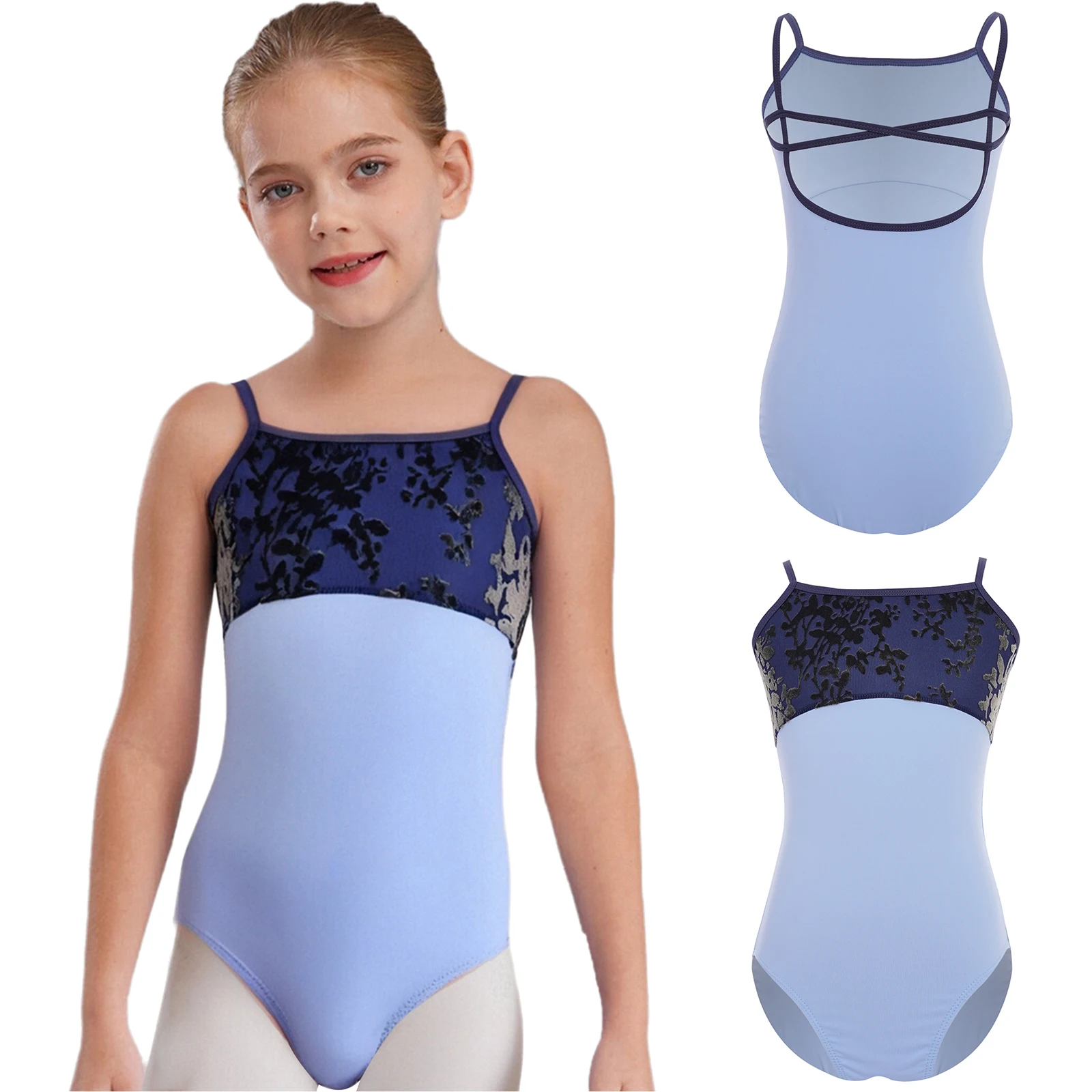 

Kids Girls Ballet Gymnastics Dance Bodysuit Cross U Back Spaghetti Straps Floral Velvet Patchwork Dance Leotard for Competition