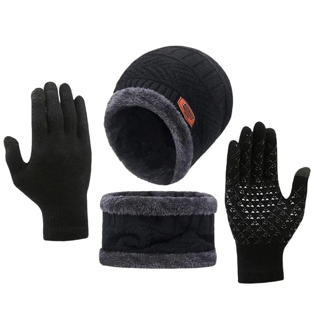 Hat Scarf Gloves Set Winter Outdoor Travel Leisure Thick Warm Cashmere Knitted Hat Windproof Neck Protect Scarf Anti Slip Gloves