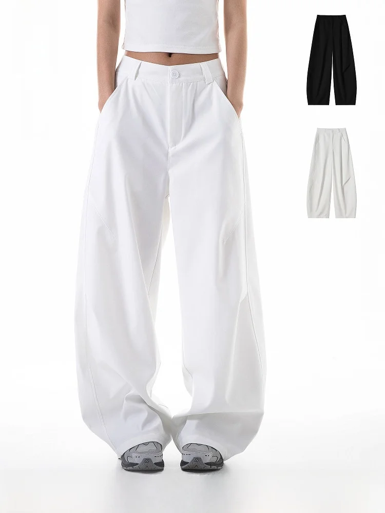 

OWOX Casual Loose High-End Pleated Knife- Pants Women's Wide Leg Suit Pants Street Sle Straight Tube Soldier Pants